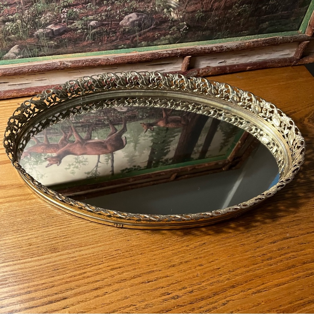 Vintage Oval Gold Mirror Vanity perfume Tray